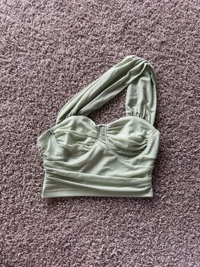 SHEIN Pale Sage One-Shoulder Ruched Bust Crop Top